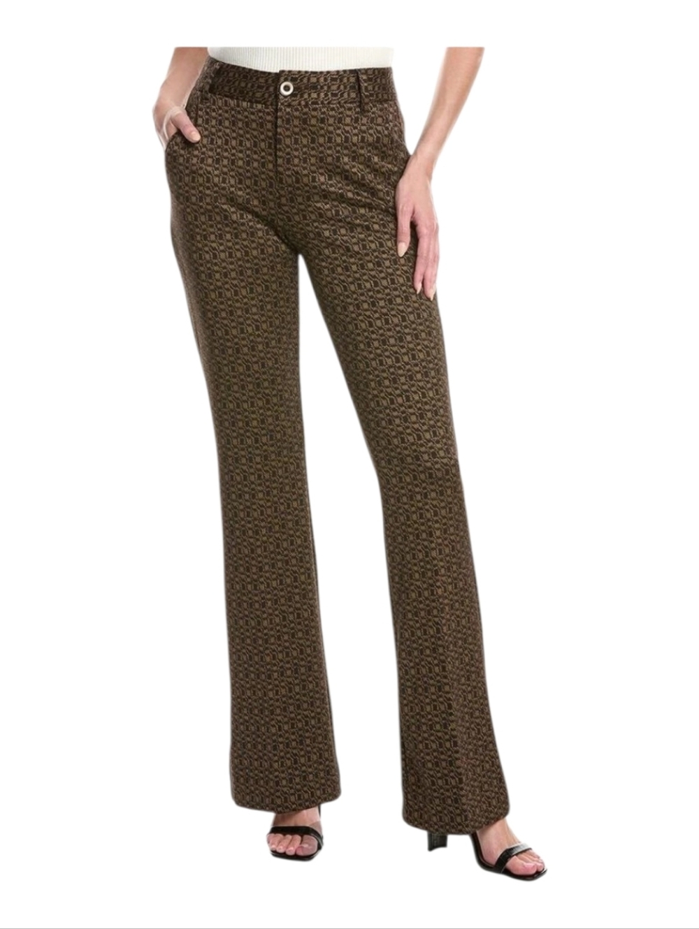 Cabi Womens Browm Black Geo Print Jacquard Flare Leg Director Trousers Size 2